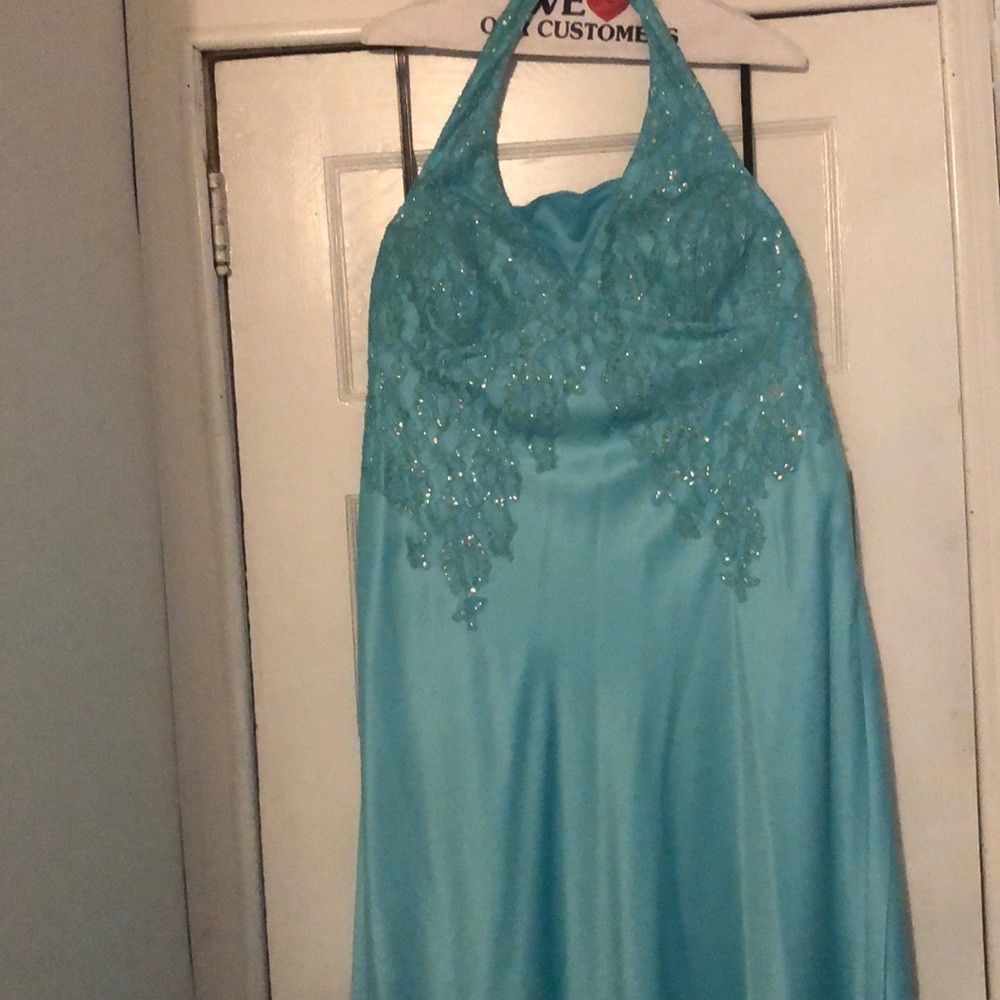 Teal sequin gown with shawl